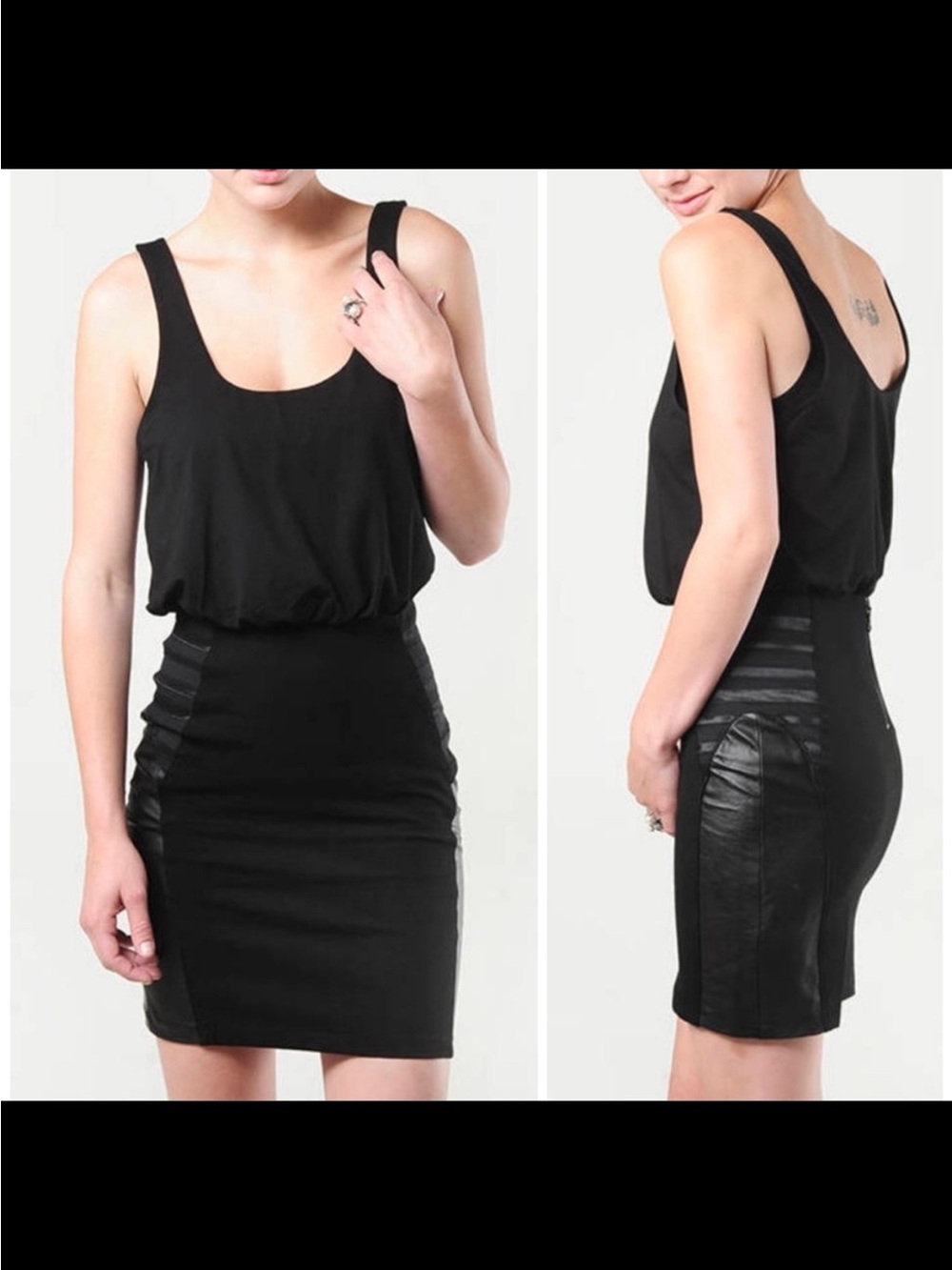 Alice + Olivia Nicky Black Blouson Dress Leather Panels Bodycon Mini Size 8